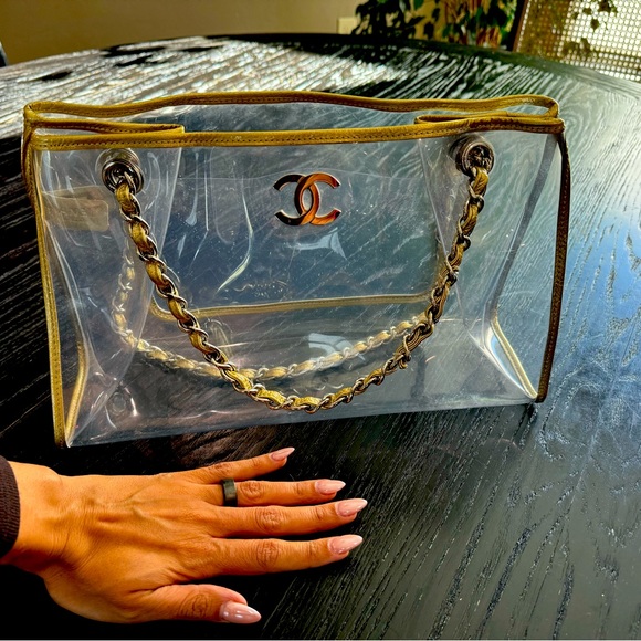Pre-loved Authentic Chanel CC Double Chain Shoulder Tote Bag Clear Gold Vinyl - Picture 2 of 5
